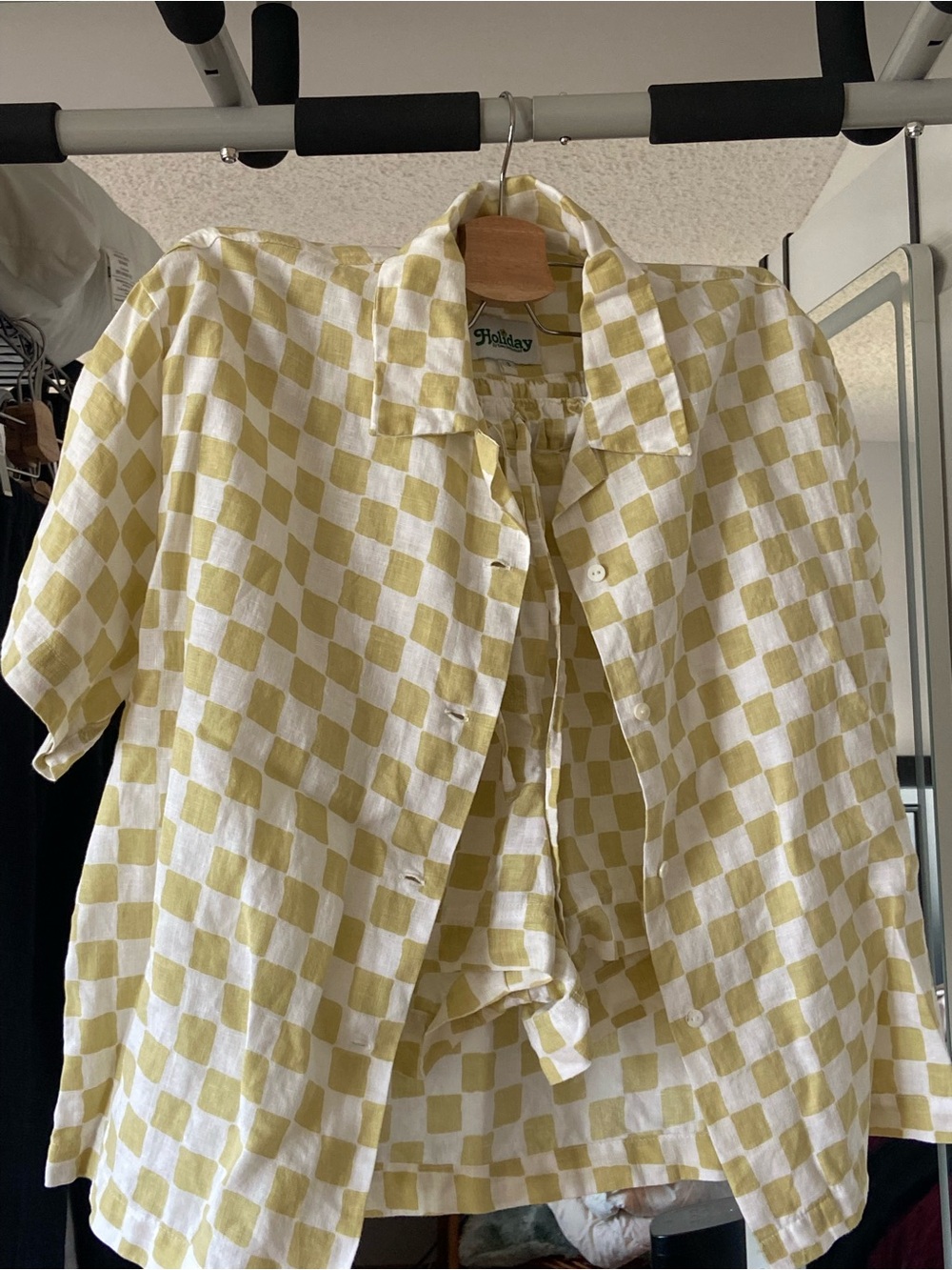 Emma Molholland on Holiday Linen Short-Sleeve Checkerboard Shirt Set